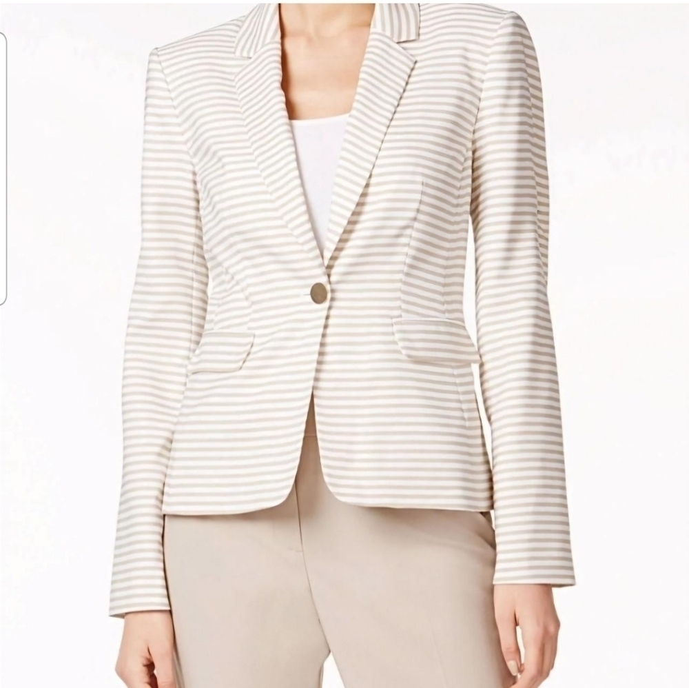 Calvin Klein Beige White Striped Blazer Gold Buttons Size 6 Careerwear